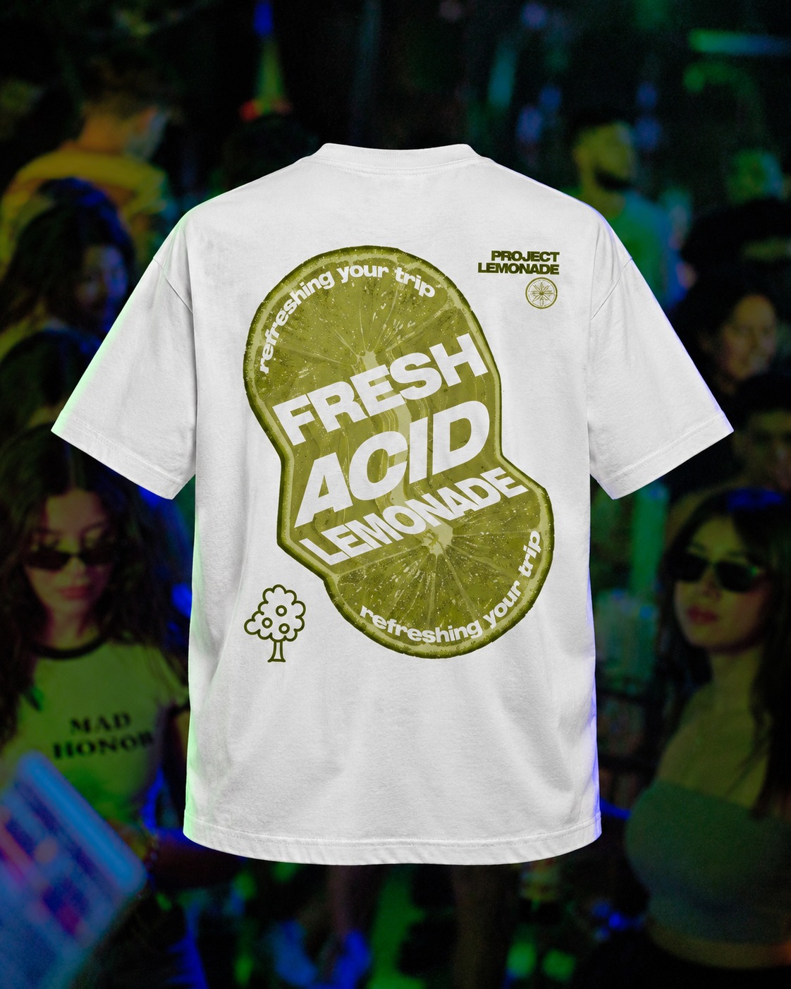Acid Fresh Lemonade tee, back view with green print