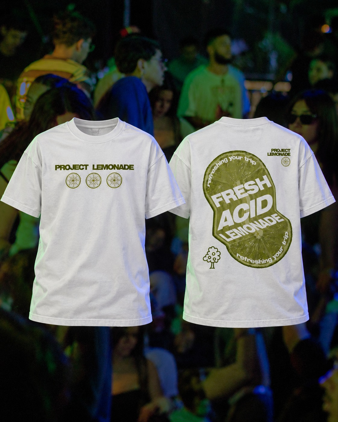 Acid Fresh Lemonade tee, front and back views with green print