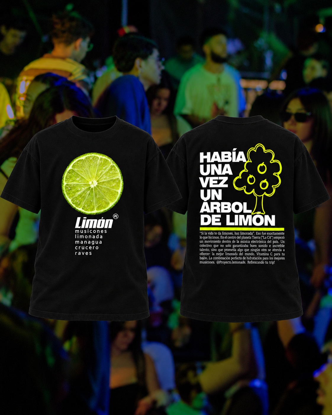Lemon Tee, vistas frontal y posterior con fondo del evento
